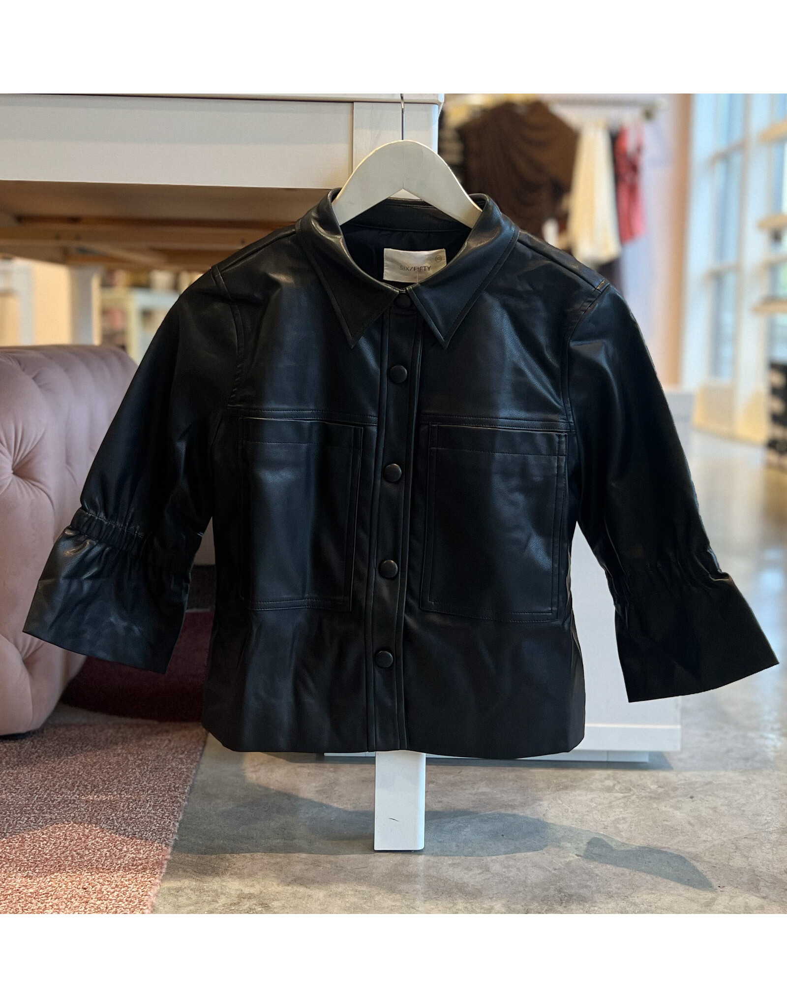 SIX/FIFTY ROMY FAUX LEATHER 3/4 FLUTTER SLV JACKET