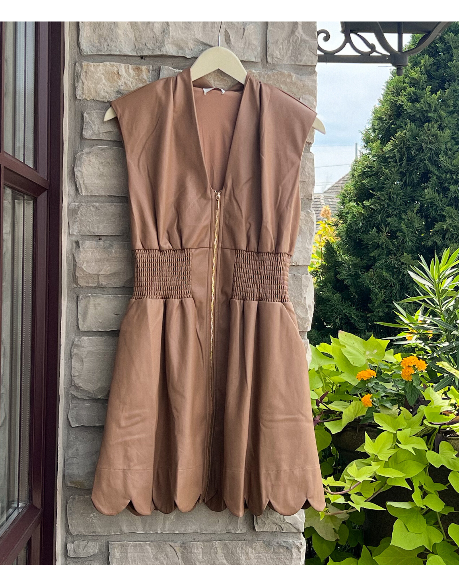 GUODA FAUX LEATHER SMOCKED WAIST DRESS