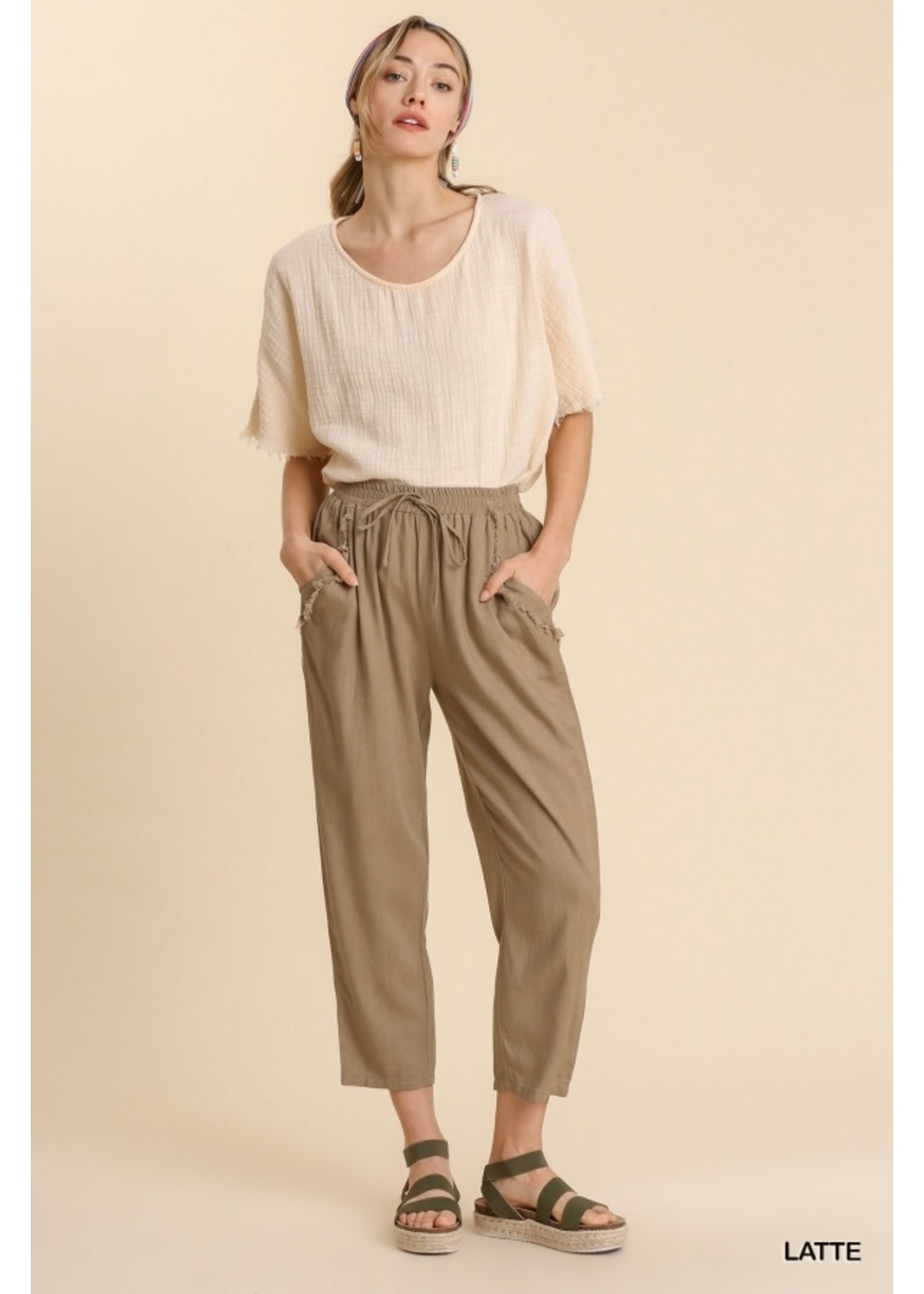 Umgee  Linen Blend Frayed Edged Detail Elastic Waistband and Drawstring Pants with Pockets