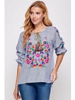 See & Be Seen Floral Embroidery Tucked Sleeve Stripe Blouse