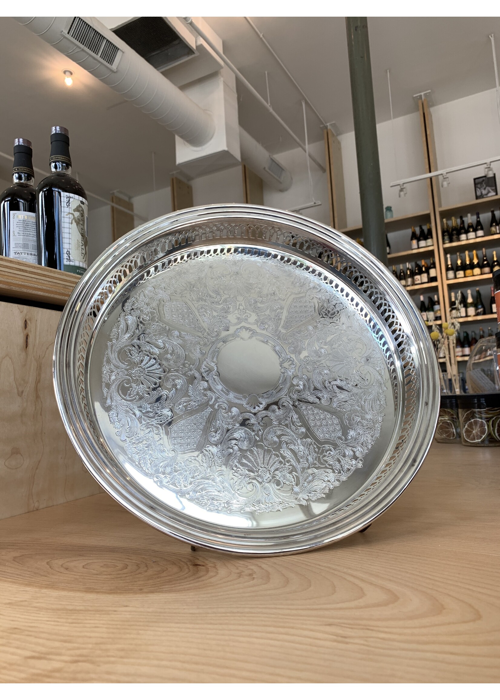 ATLVNTG Vintage Round Sheffield Silver Plated Bar Tray