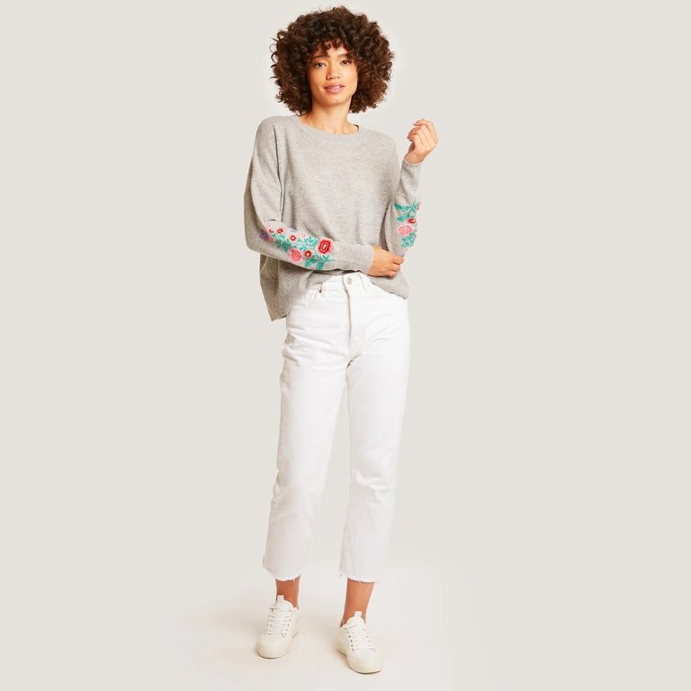 AUTUMN CASHMERE FLORAL BUTTERFLY HAND EMBROIDERED SLEEVE CREW IN SWEATSHIRT