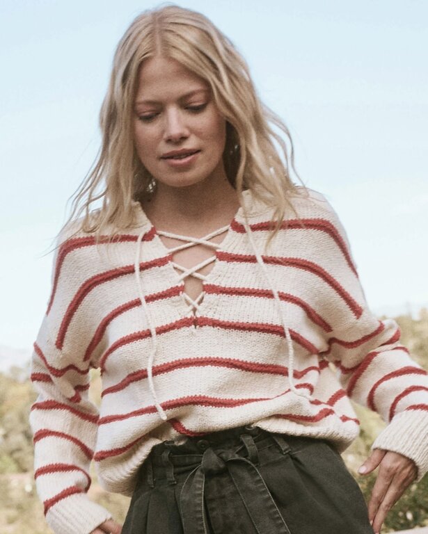 THE GREAT  SEA STRIPE LACE UP PULLOVER SWEATER IN CREAM WITH ROSE
