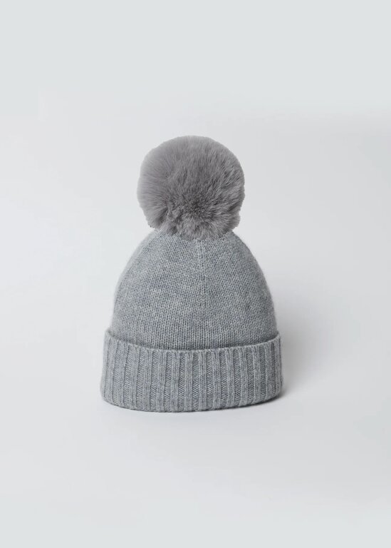 HAT ATTACK CASHMERE CUFF SLOUCHY BEANIE WITH FAUX FUR POM STEEL GREY