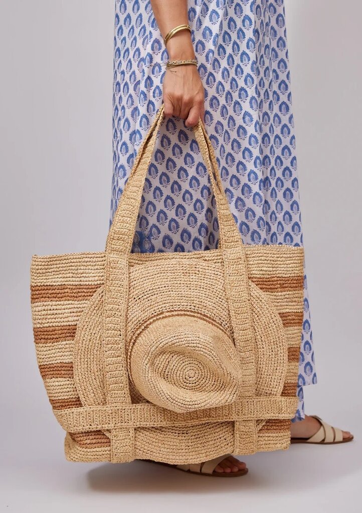 HAT ATTACK ORIGINAL STRAW TRAVELER BAG IN NATURAL/TOAST STRIPE