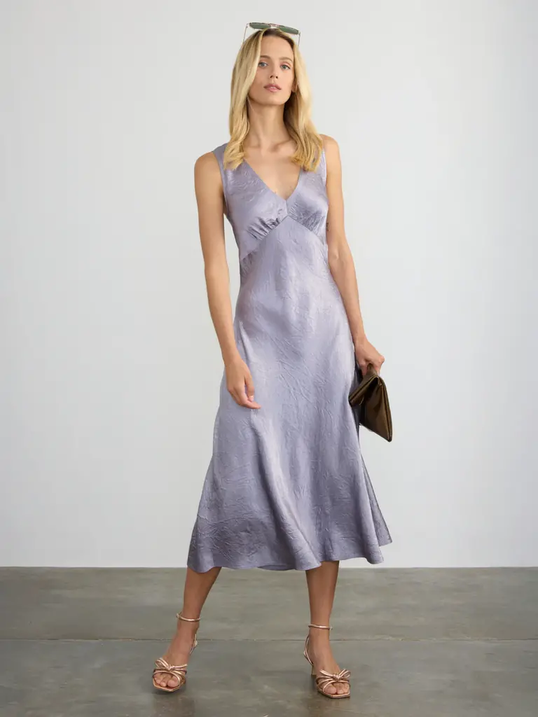 MARGARET O'LEARY DARYA DOUBLE V-NECK DRESS IN FREESIA AND NAVY