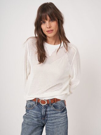 REPEAT PULLOVER OPEN KNIT COTTON SWEATER IN WHITE