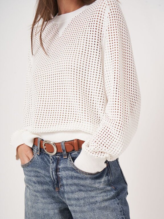 REPEAT PULLOVER OPEN KNIT COTTON SWEATER IN WHITE