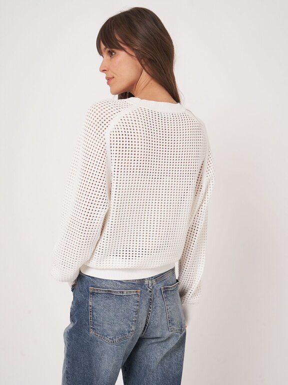 REPEAT PULLOVER OPEN KNIT COTTON SWEATER IN WHITE