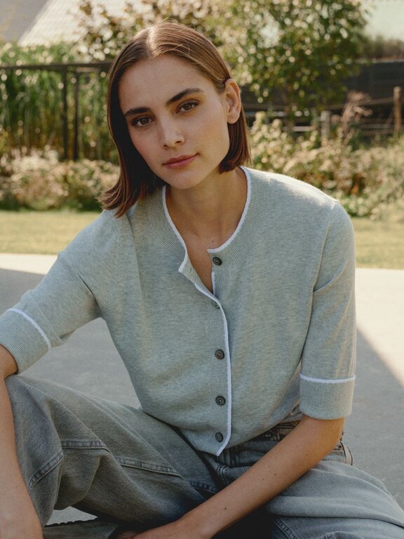 REPEAT SHORT SLEEVE CARDIGAN WITH CONTRAST TRIM IN GREY