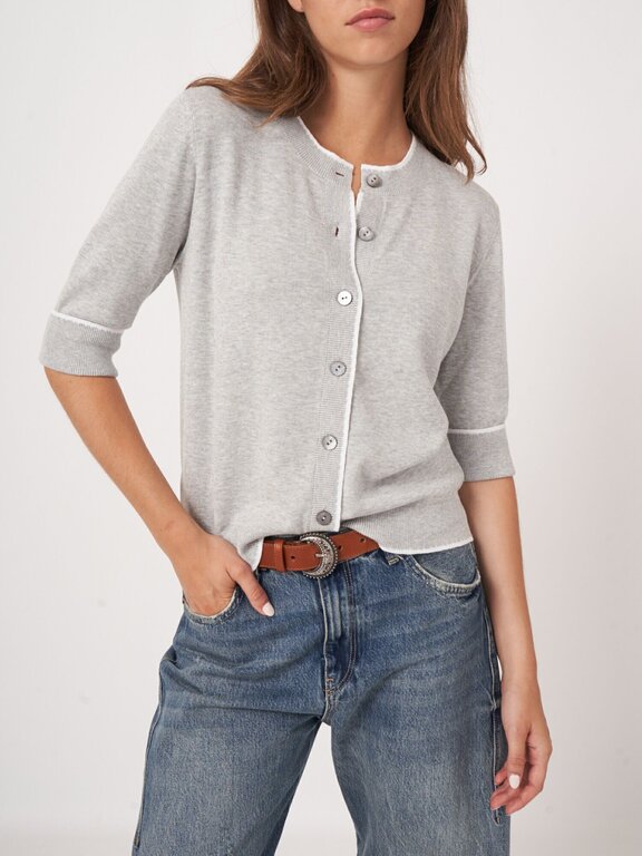 REPEAT SHORT SLEEVE CARDIGAN WITH CONTRAST TRIM IN GREY