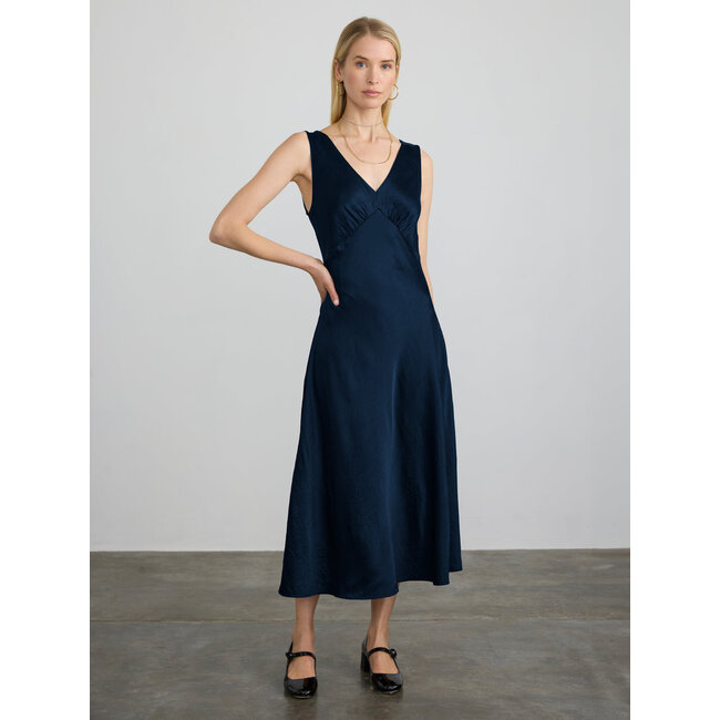 MARGARET O'LEARY DARYA DOUBLE V-NECK DRESS IN FREESIA AND NAVY