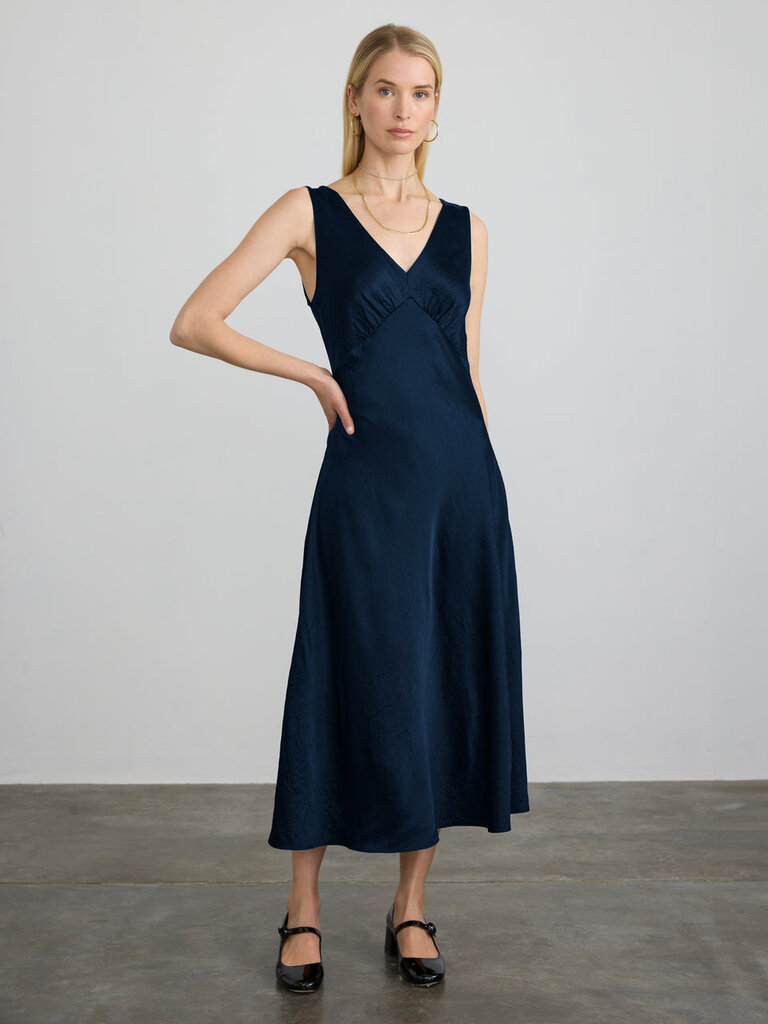 MARGARET O'LEARY DARYA DOUBLE V-NECK DRESS IN FREESIA AND NAVY
