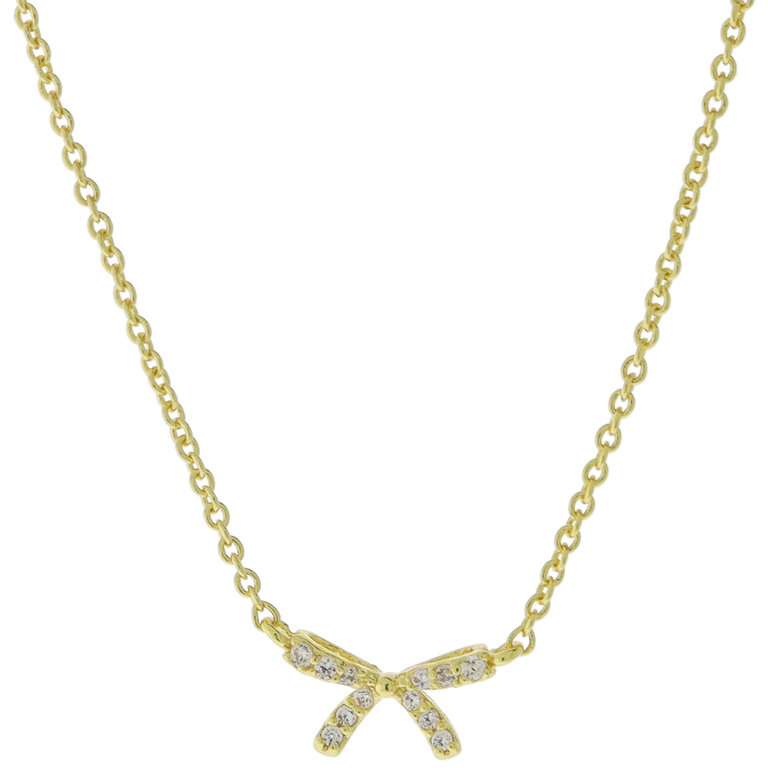 TAI JEWELRY PAVE CZ DELICATE BOW NECKLACE IN GOLD