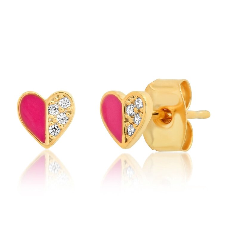 TAI JEWELRY PINK ENAMEL SPLIT HALF CZ HEART POST