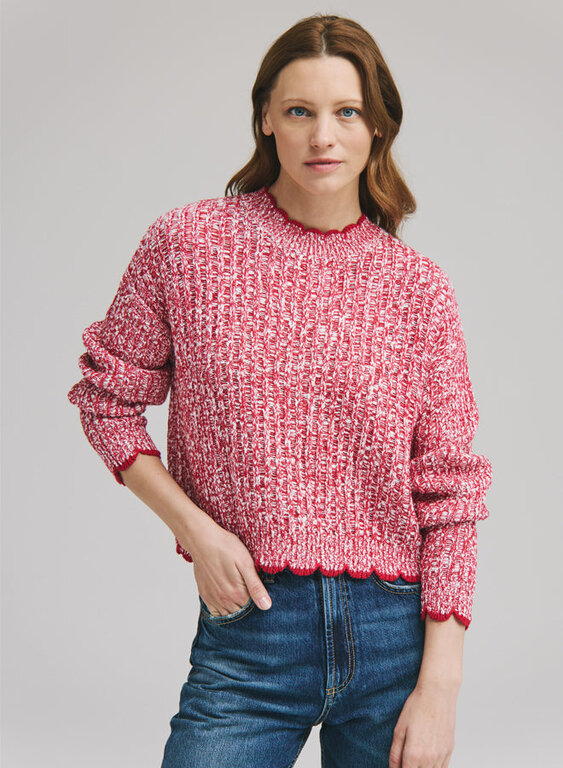 AUTUMN CASHMERE  TIPPED LADDER STITCH SWEATER IN SCARLET COMBO