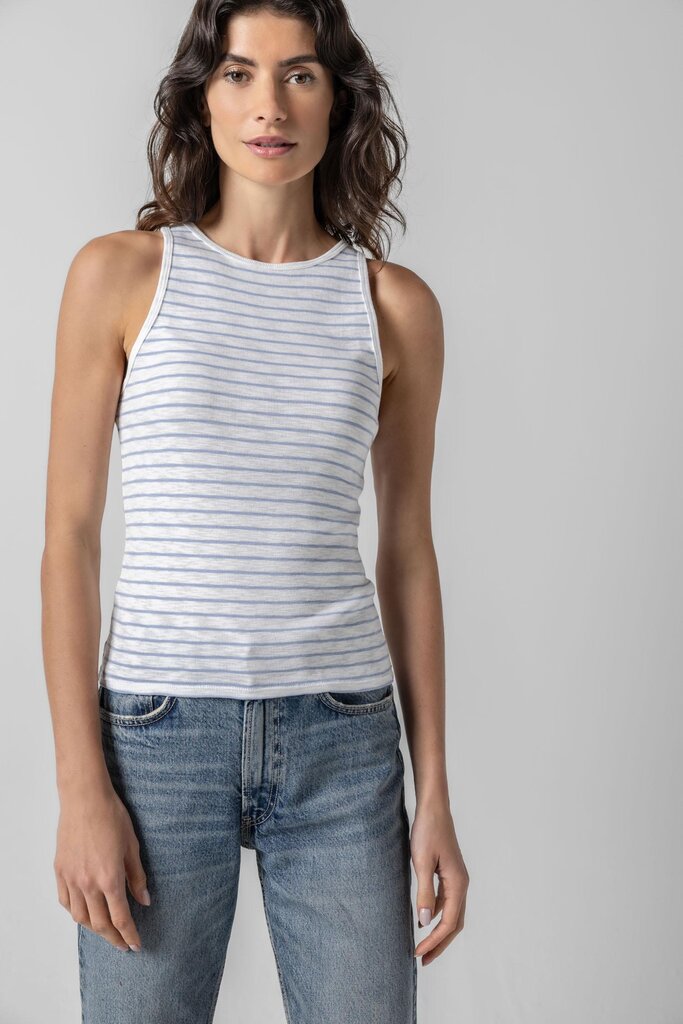 LILLA P STRIPED HIGH NECK TANK TOP IN SURF STRIPE
