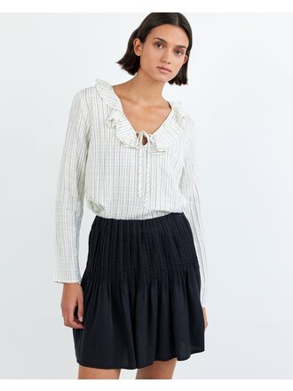 BELLA DAHL TIE RUFFLE NECK TOP IN ECRU/BLACK