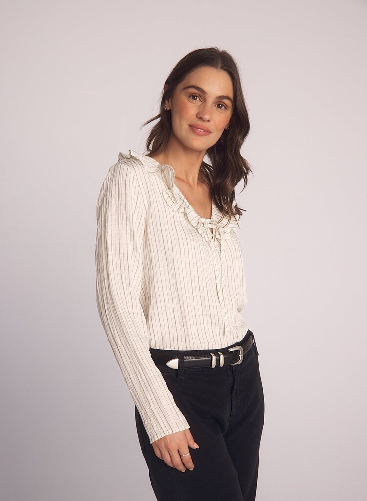 BELLA DAHL TIE RUFFLE NECK TOP IN ECRU/BLACK