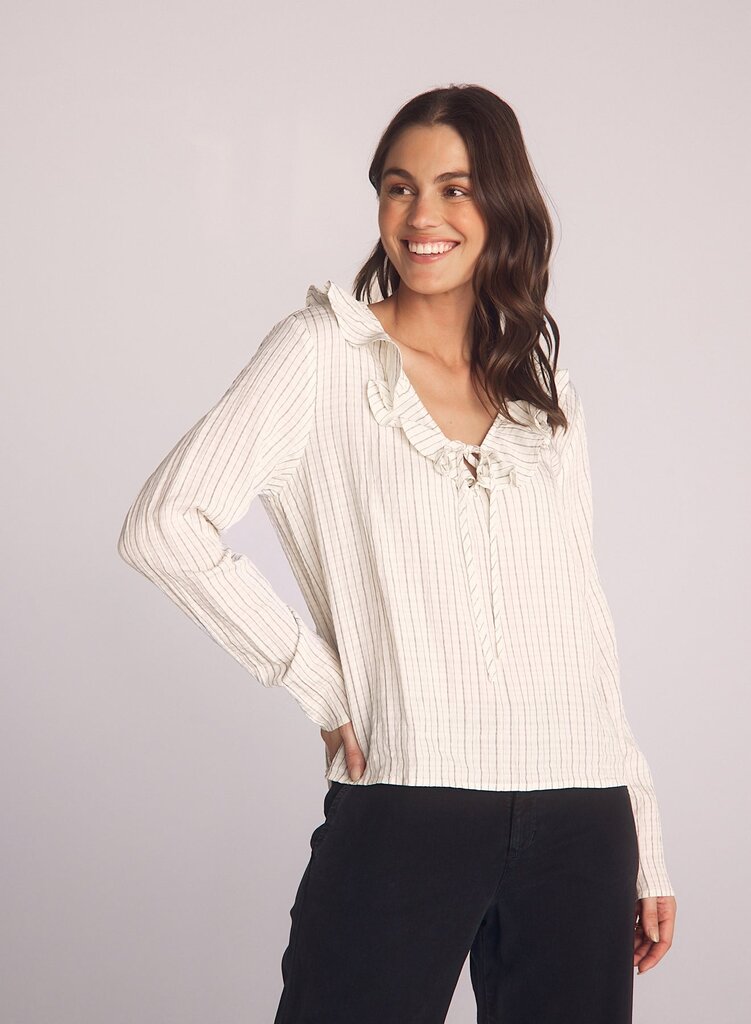 BELLA DAHL TIE RUFFLE NECK TOP IN ECRU/BLACK