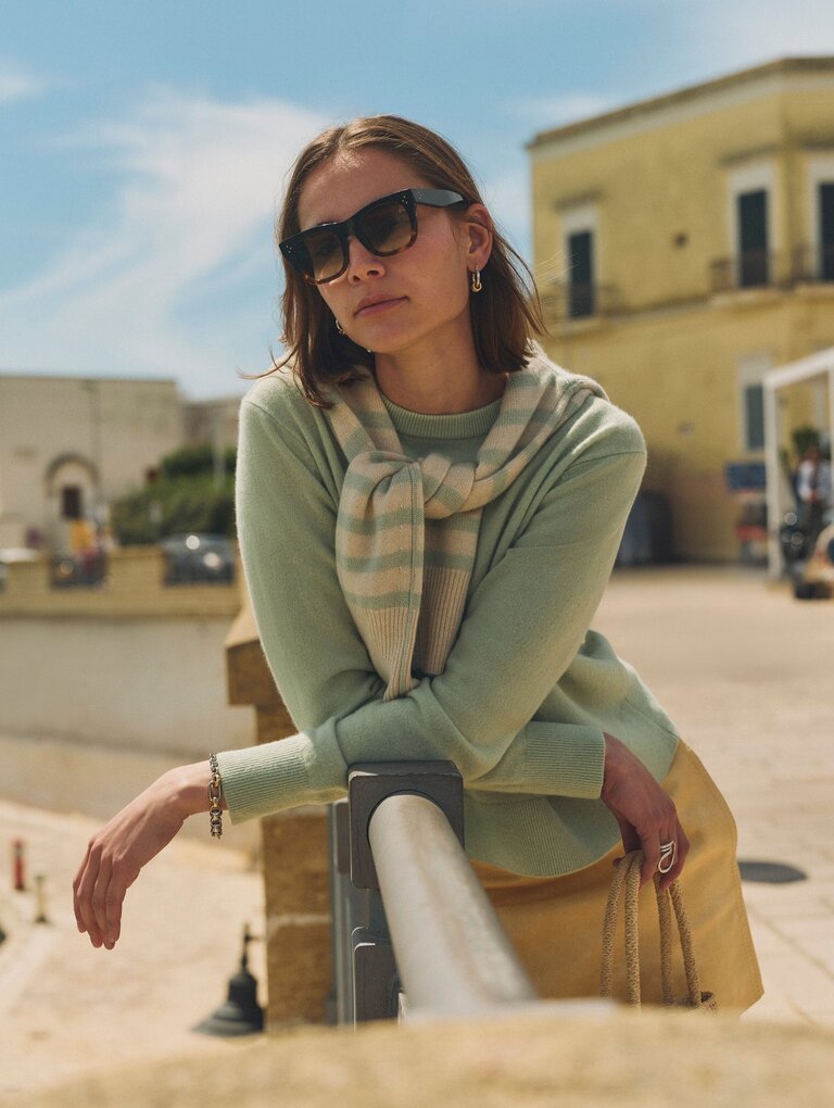 WHITE AND WARREN CASHMERE STRIPED CREW IN MINT