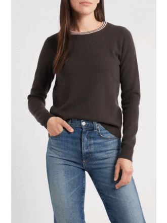 MARGARET O'LEARY CASHMERE CREW IN CHOCOLATE/BLUSH
