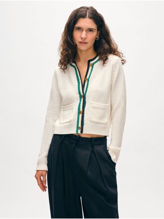 WHITE AND WARREN LOFTY COTTON CROCHET TRIM CARDIGAN IN IVORY/NAVY/TEAL