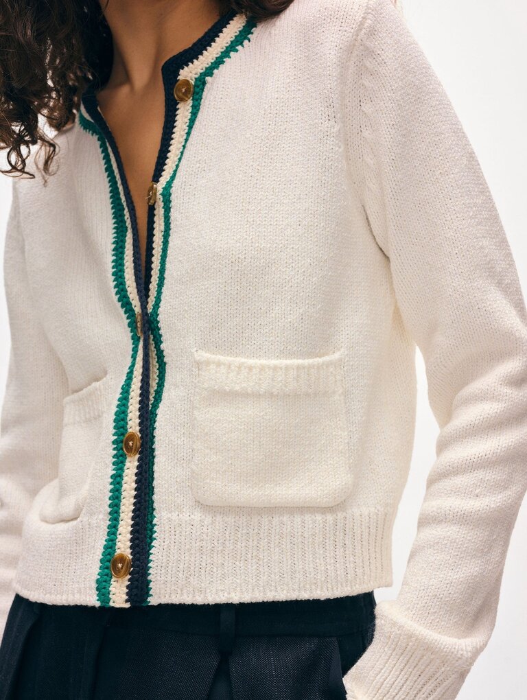 WHITE AND WARREN LOFTY COTTON CROCHET TRIM CARDIGAN IN IVORY/NAVY/TEAL