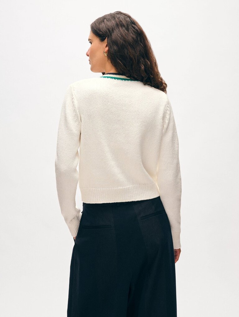 WHITE AND WARREN LOFTY COTTON CROCHET TRIM CARDIGAN IN IVORY/NAVY/TEAL
