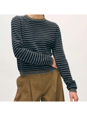WHITE AND WARREN CASHMERE TEXTURED STRIPE CREW IN BLUE COMBO