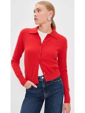 WHITE AND WARREN CASHMERE COLLARED CARDIGAN IN FRENCH RED