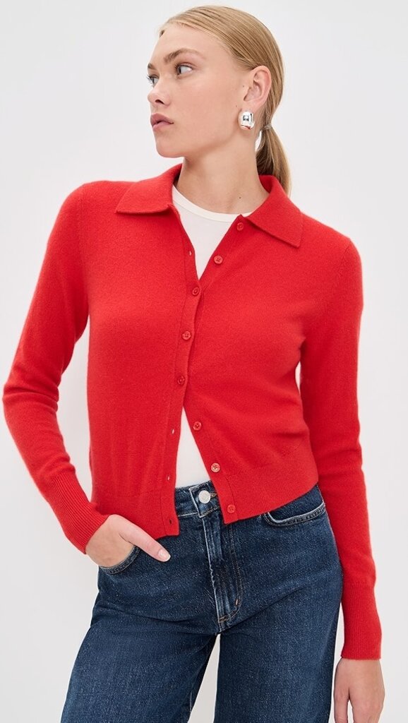 WHITE AND WARREN CASHMERE COLLARED CARDIGAN IN FRENCH RED