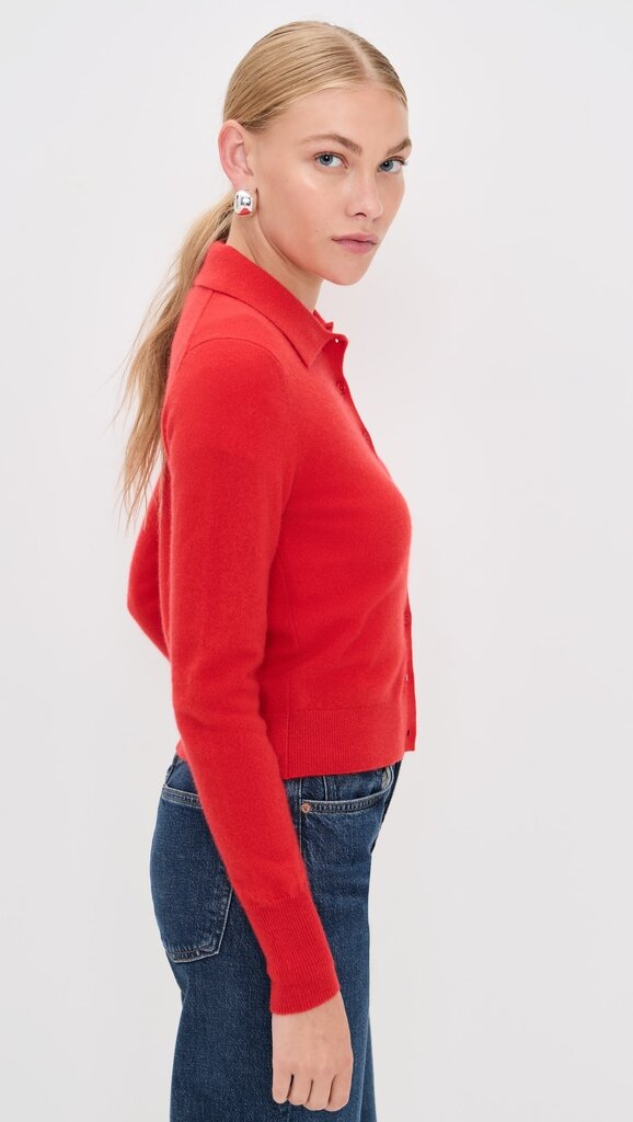 WHITE AND WARREN CASHMERE COLLARED CARDIGAN IN FRENCH RED