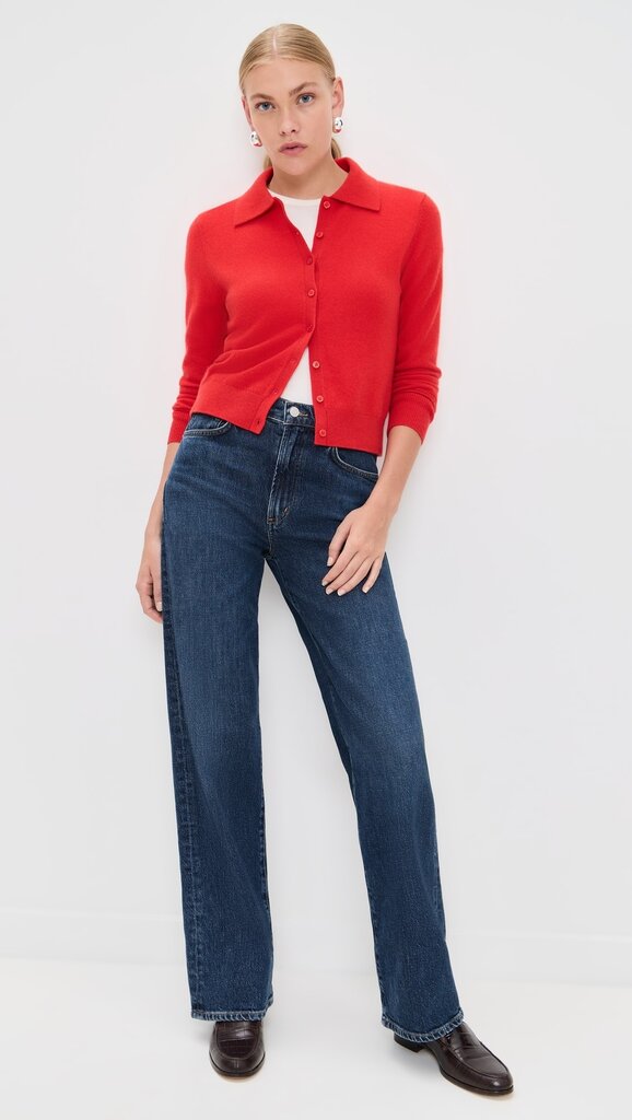 WHITE AND WARREN CASHMERE COLLARED CARDIGAN IN FRENCH RED