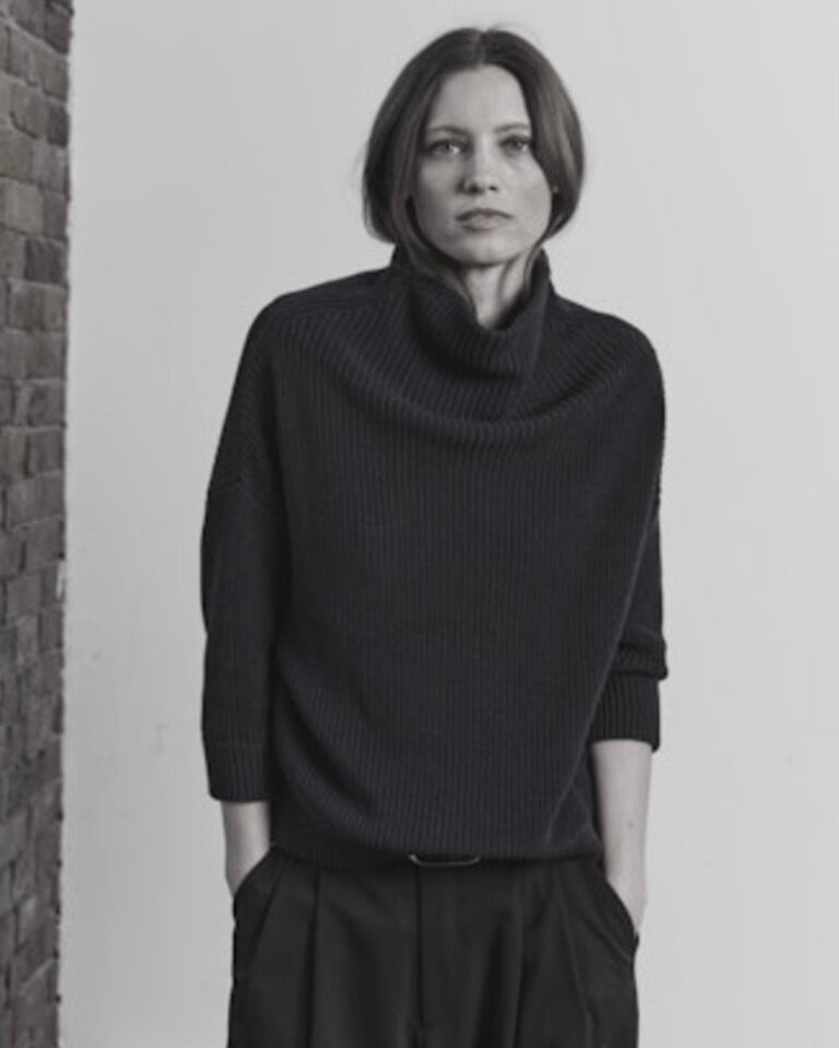 AUTUMN CASHMERE HALF CARDIGAN STITCH FUNNEL NECK IN BLACK