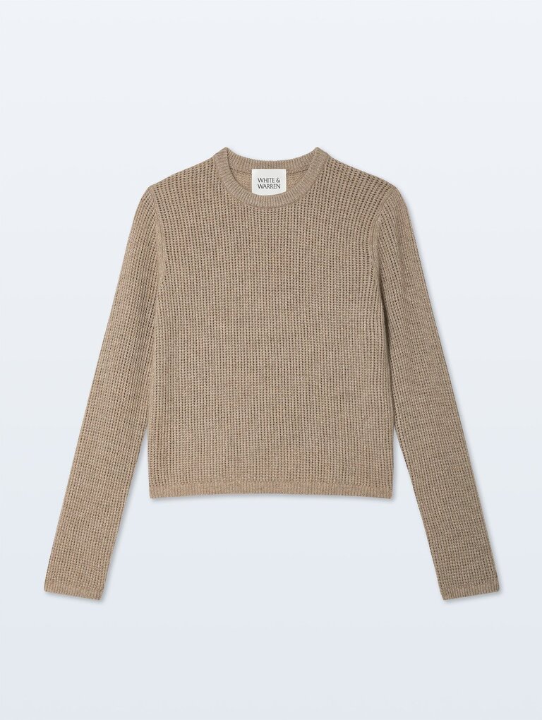 WHITE AND WARREN CASHMERE WAFFLE MESH CREW IN TAUPE HEATHER