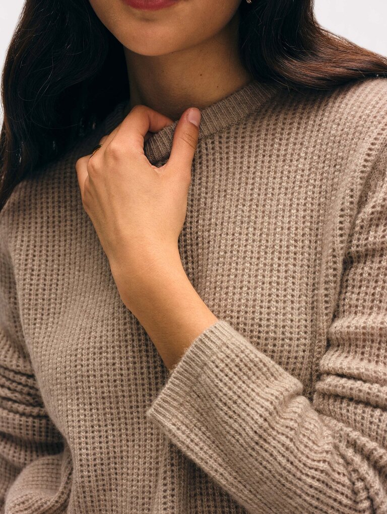 WHITE AND WARREN CASHMERE WAFFLE MESH CREW IN TAUPE HEATHER