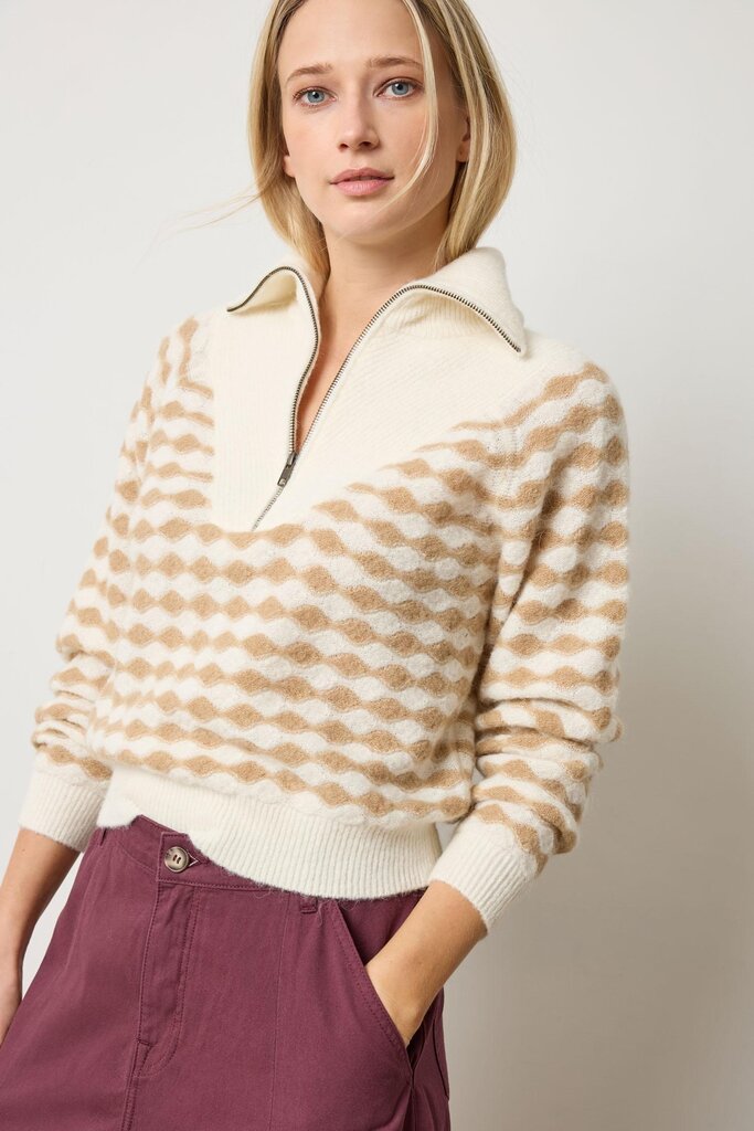 LILLA P MIXED STITCH HALF ZIP IN IVORY/BIRCH STRIPE