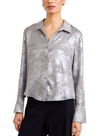 BELLA DAHL FLOWY WIDE COLLAR BUTTON DOWN IN SILVER DISTRESS FOIL
