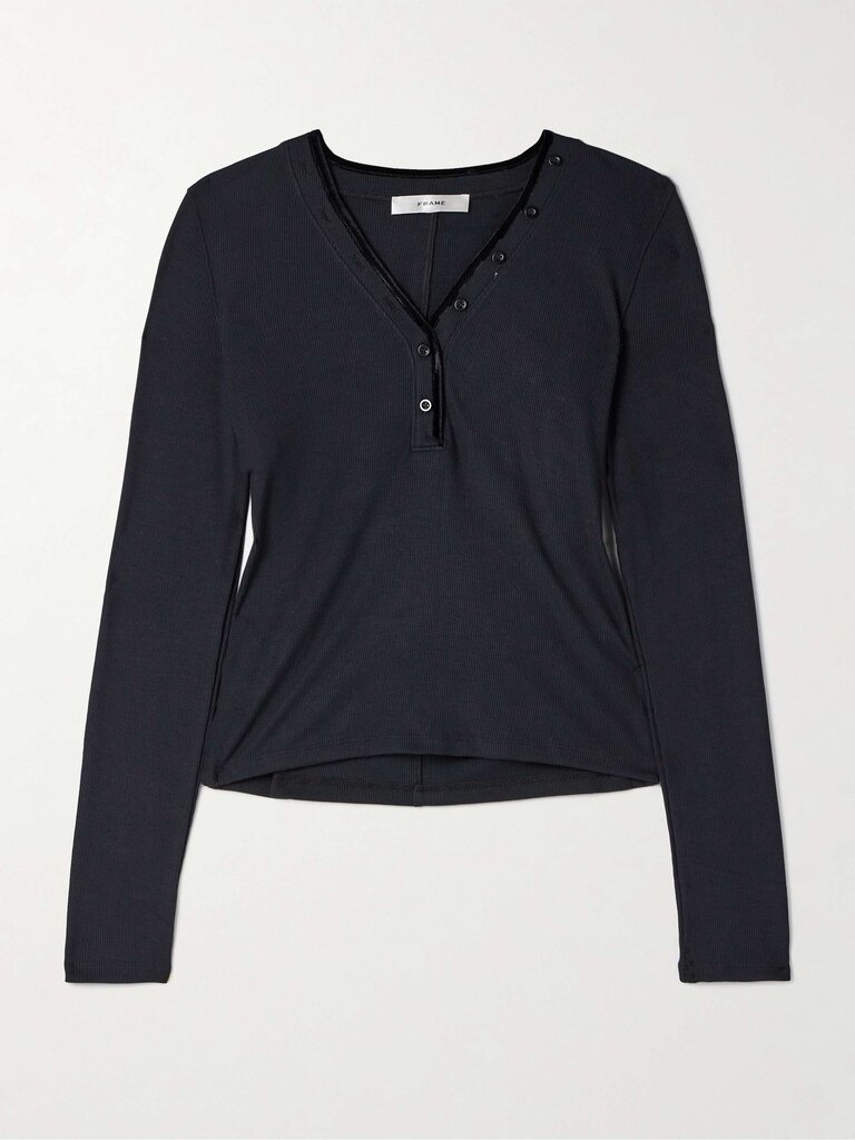 VELVET TRIM HENLEY IN BLACK