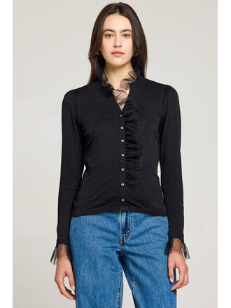 VIVIAN L/S RUFFLE SHIRT W/TULLE COLLAR IN BLACK