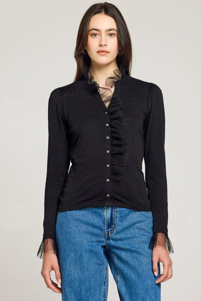 VIVIAN L/S RUFFLE SHIRT W/TULLE COLLAR IN BLACK