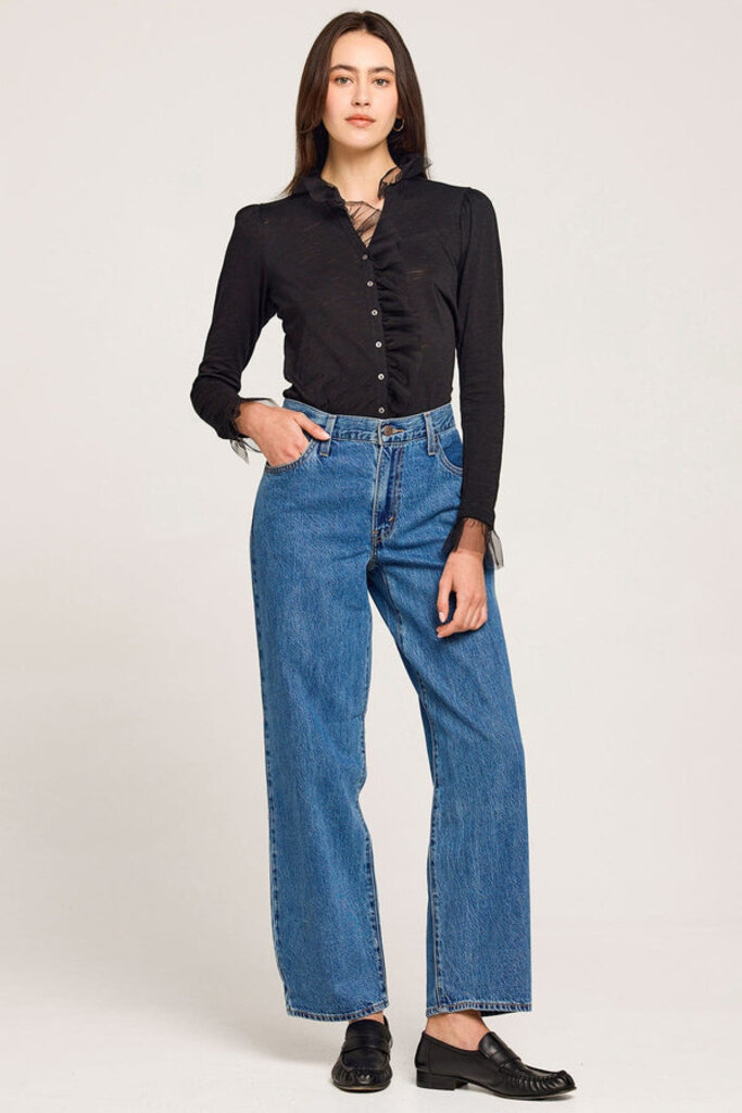 VIVIAN L/S RUFFLE SHIRT W/TULLE COLLAR IN BLACK