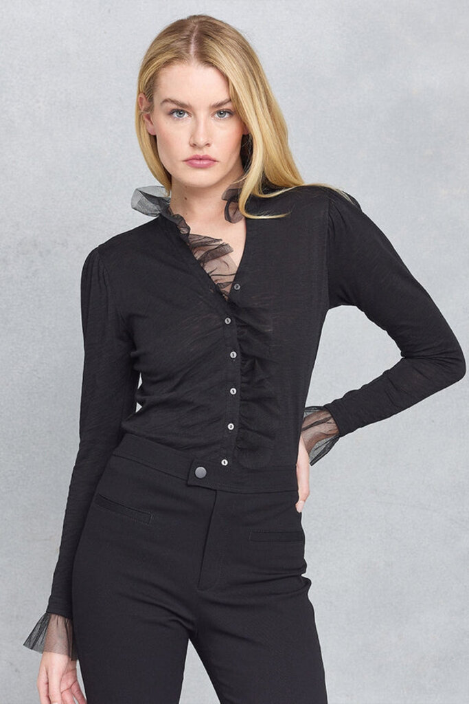 VIVIAN L/S RUFFLE SHIRT W/TULLE COLLAR IN BLACK