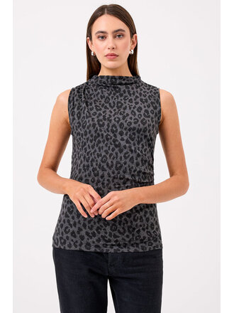 LEOPARD SLEEVELESS LEOPARD DRAPE TOP IN  CHARCOAL HEATHER