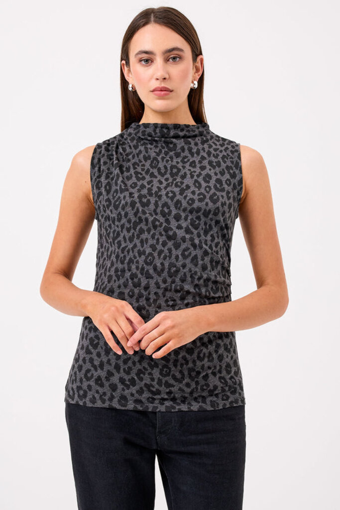 LEOPARD SLEEVELESS LEOPARD DRAPE TOP IN  CHARCOAL HEATHER