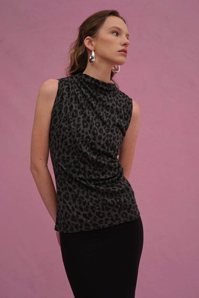 LEOPARD SLEEVELESS LEOPARD DRAPE TOP IN  CHARCOAL HEATHER