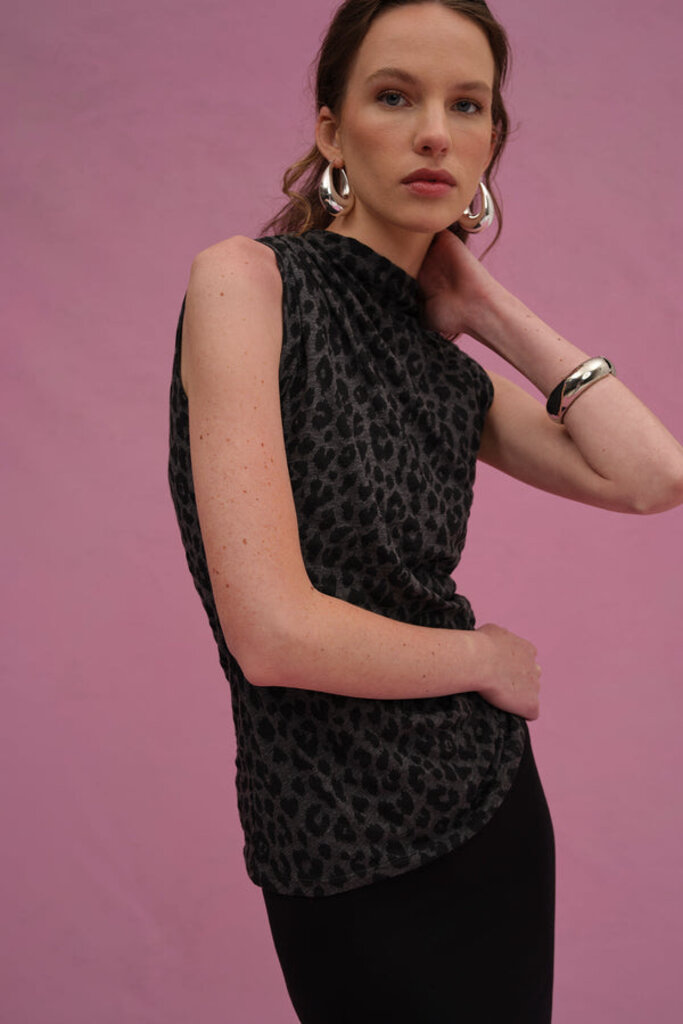 LEOPARD SLEEVELESS LEOPARD DRAPE TOP IN  CHARCOAL HEATHER