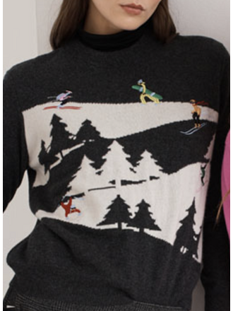 AUTUMN CASHMERE SNOWSCAPE SWEATER W/SKIERS IN PEPPER COMBO