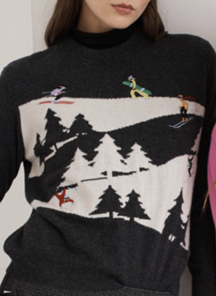 AUTUMN CASHMERE SNOWSCAPE SWEATER W/SKIERS IN PEPPER COMBO